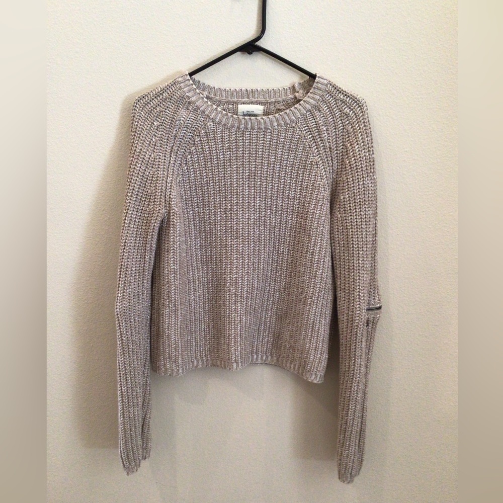 Tan Chunky Knit Sweater with Zipper Elbow Detail